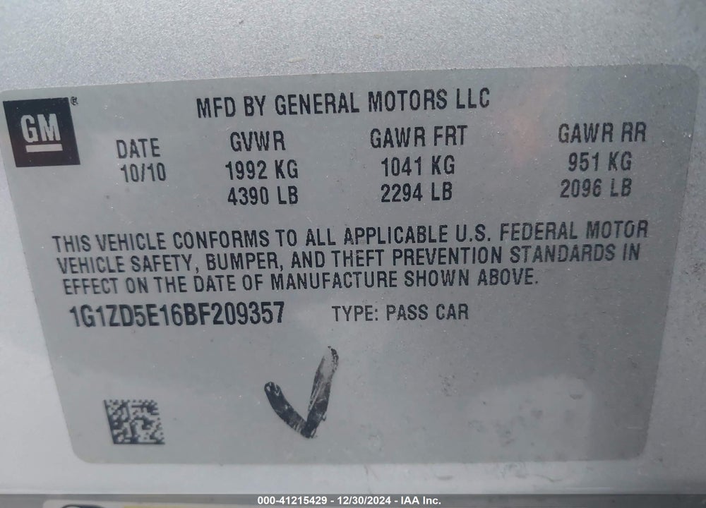 2011 CHEVROLET MALIBU VIN: 1G1ZD5E16BF209357