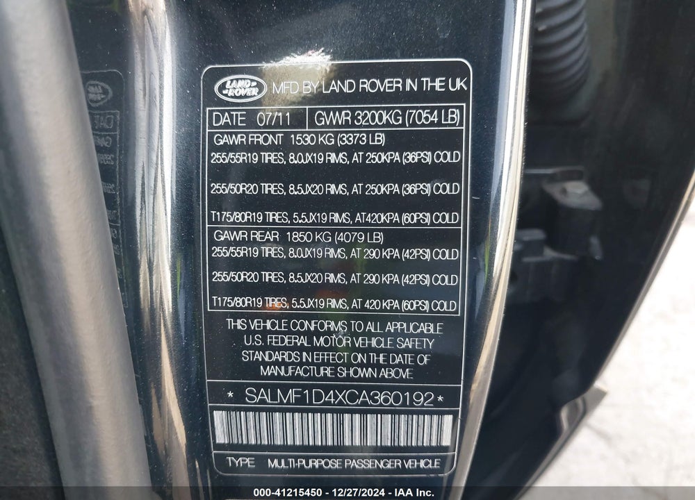 2012 LAND ROVER RANGE ROVER HSE VIN: SALMF1D4XCA360192