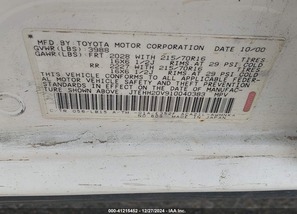 2001 TOYOTA RAV4 VIN: JTEHH20V910040383