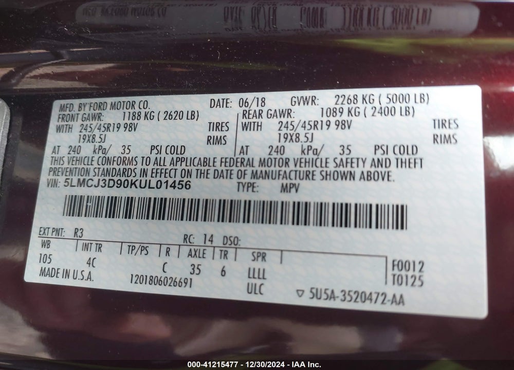 2019 LINCOLN MKC RESERVE VIN: 5LMCJ3D90KUL01456