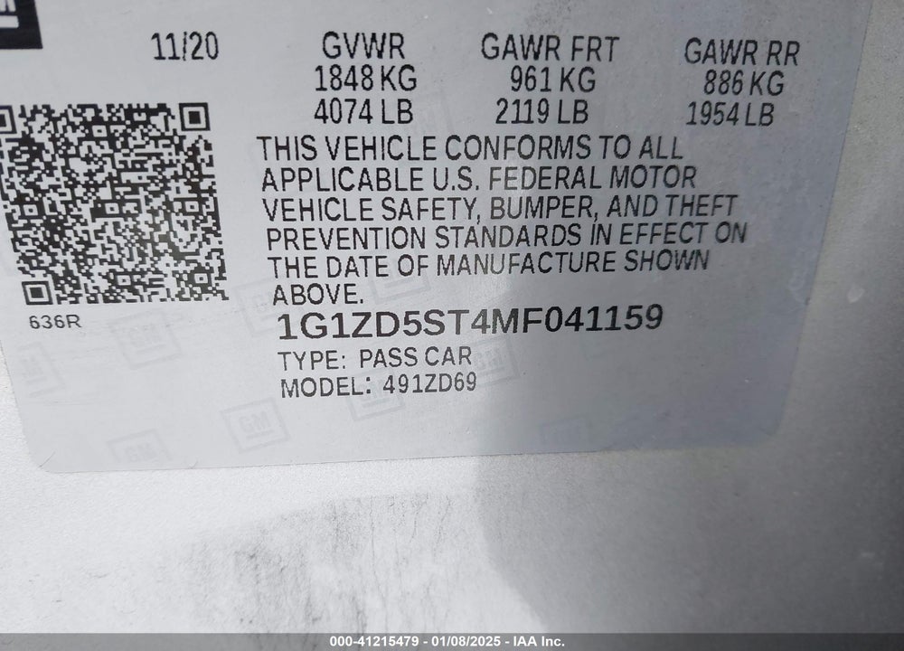 2021 CHEVROLET MALIBU VIN: 1G1ZD5ST4MF041159