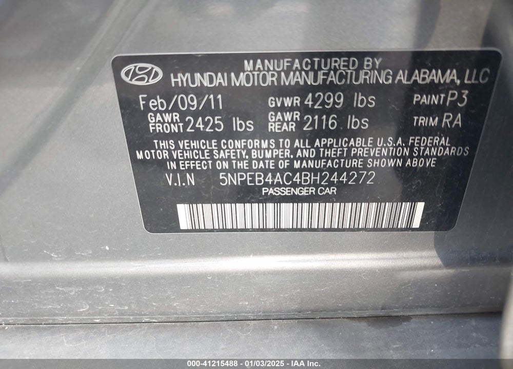 2011 HYUNDAI SONATA VIN: 5NPEB4AC4BH244272
