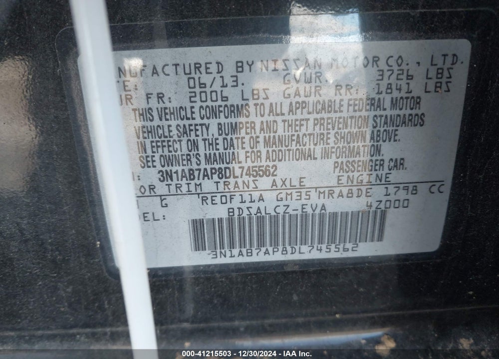 2013 NISSAN SENTRA S VIN: 3N1AB7AP8DL745562