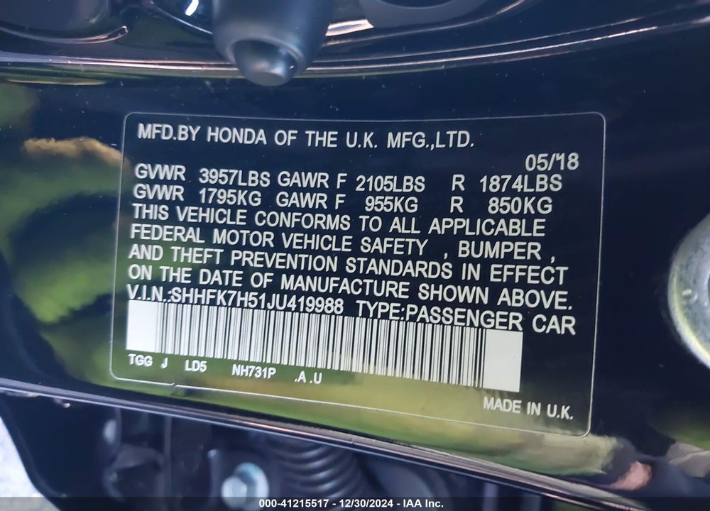 2018 HONDA CIVIC EX VIN: SHHFK7H51JU419988