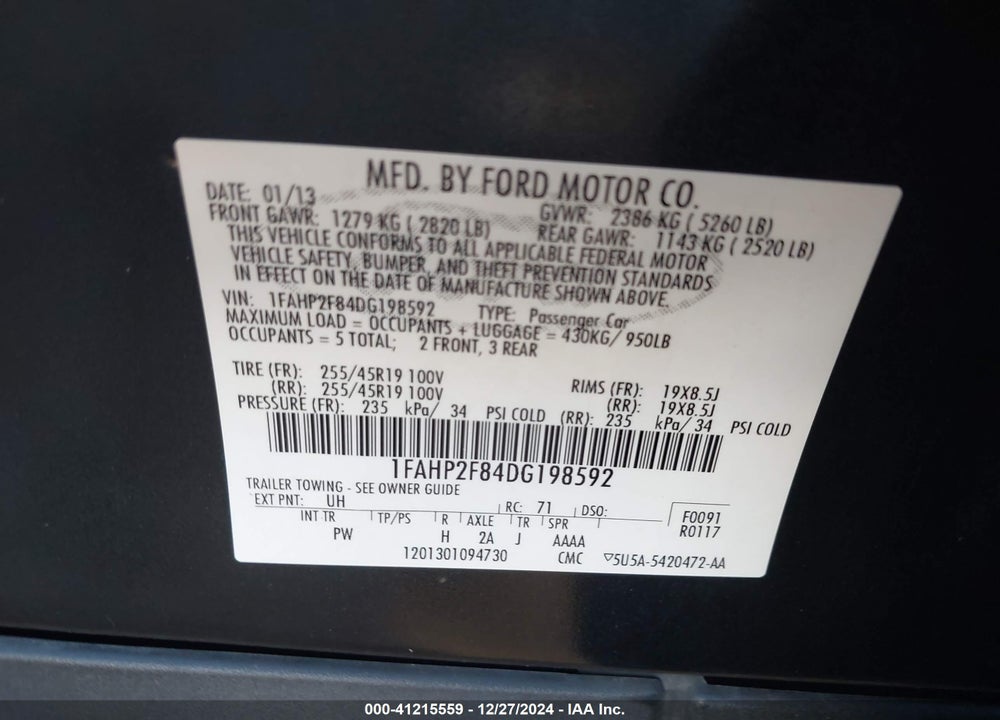 2013 FORD TAURUS LIMITED VIN: 1FAHP2F84DG198592