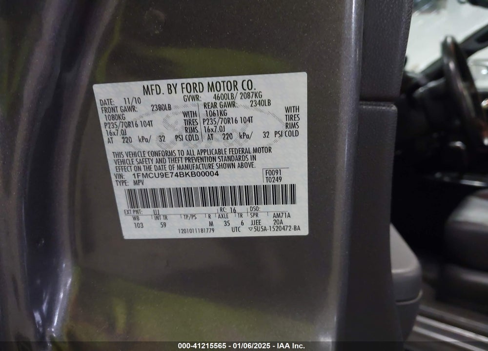 2011 FORD ESCAPE LIMITED VIN: 1FMCU9E74BKB00004