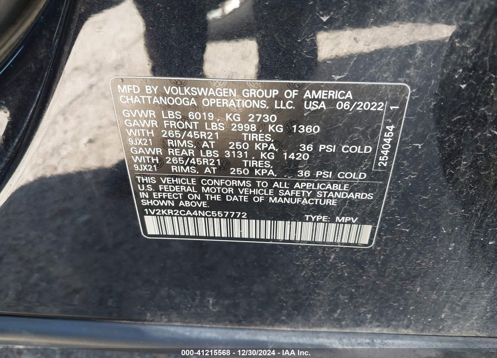 2022 VOLKSWAGEN ATLAS 3.6L V6 SE W/TECHNOLOGY VIN: 1V2KR2CA4NC557772