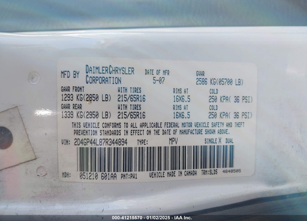 2007 DODGE GRAND CARAVAN VIN: 2D4GP44L87R344894