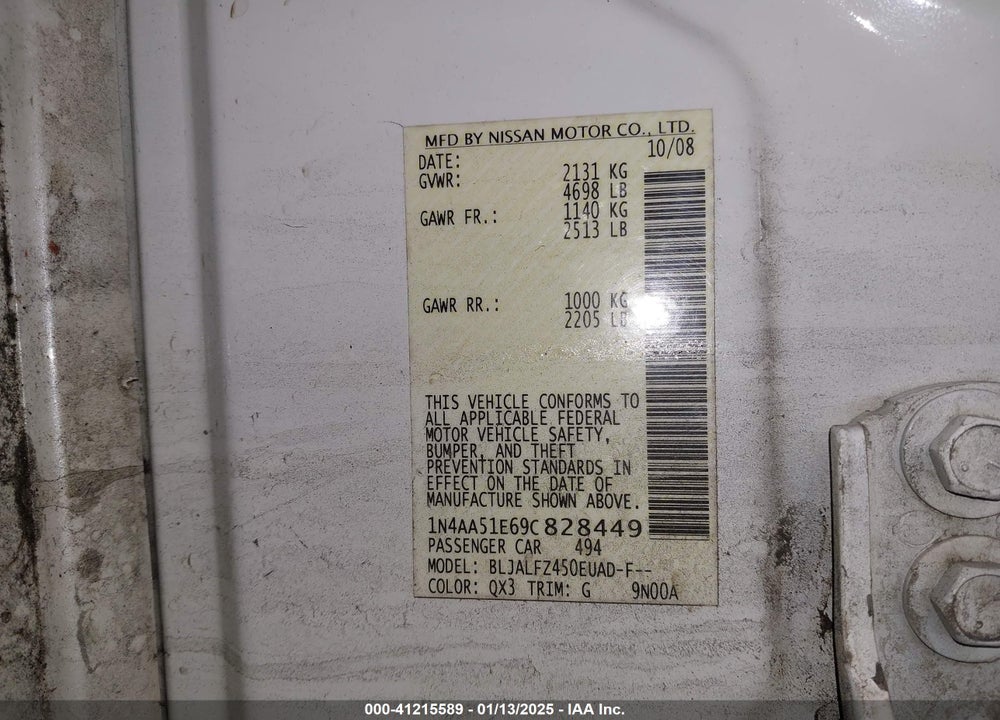 2009 NISSAN MAXIMA VIN: 1N4AA51E69C828449