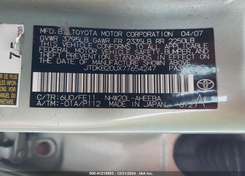 2007 TOYOTA PRIUS VIN: JTDKB20UX77654247