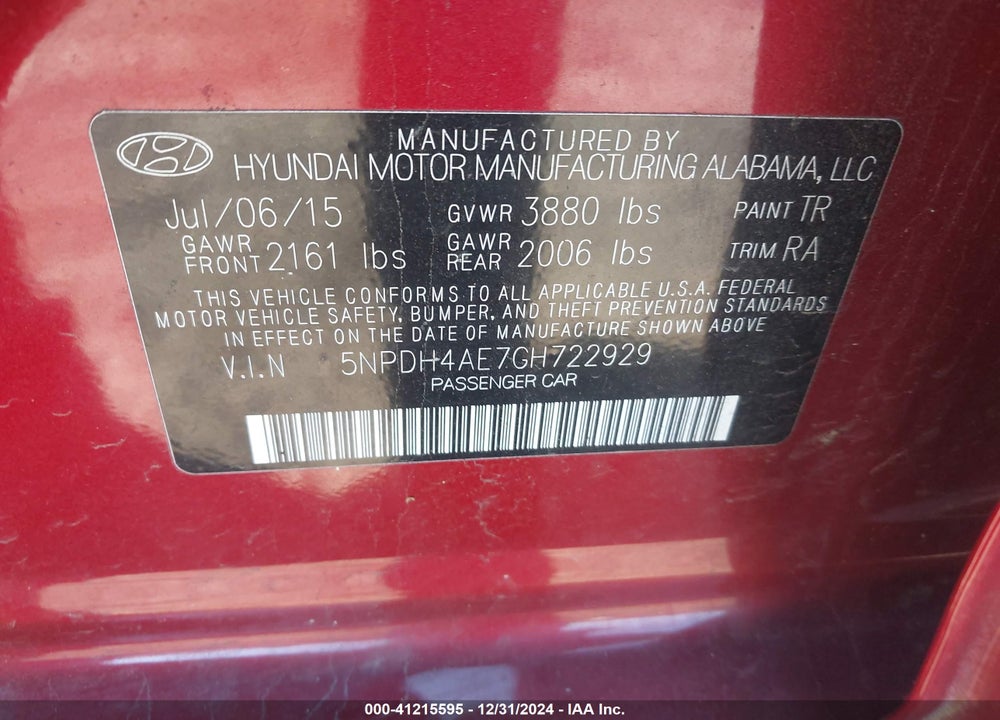 2016 HYUNDAI ELANTRA SE VIN: 5NPDH4AE7GH722929