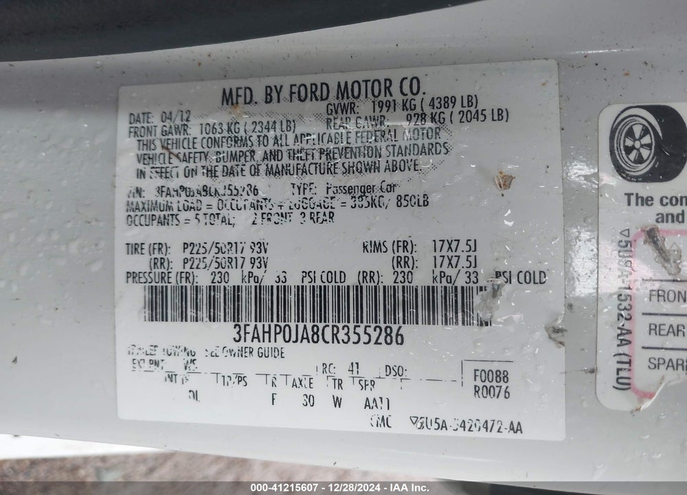 2012 FORD FUSION SEL VIN: 3FAHP0JA8CR355286