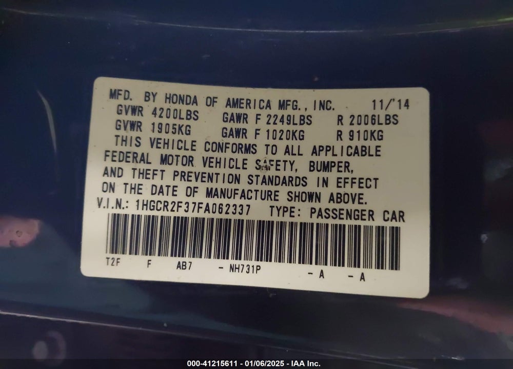 2015 HONDA ACCORD VIN: 1HGCR2F37FA062337