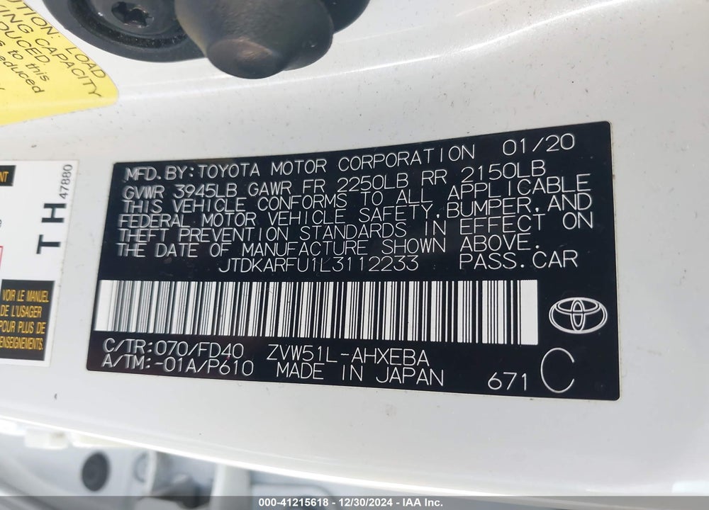 2020 TOYOTA PRIUS VIN: JTDKARFU1L3112233