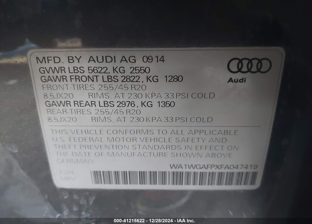 2015 AUDI Q5 3.0T PREMIUM PLUS VIN: WA1WGAFPXFA047419