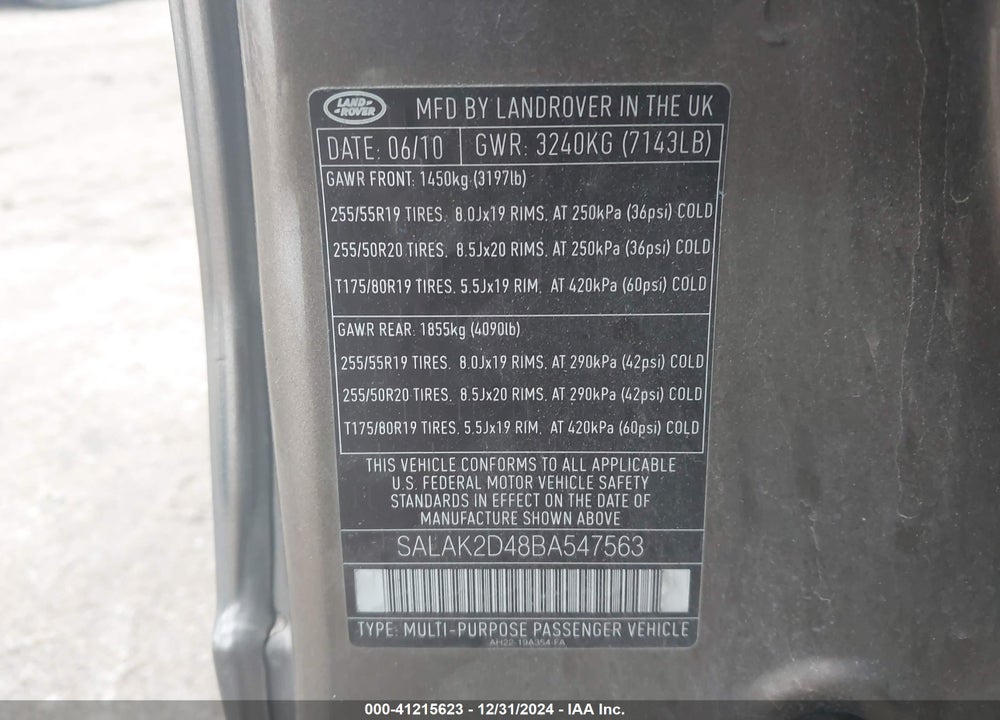 2011 LAND ROVER LR4 VIN: SALAK2D48BA547563
