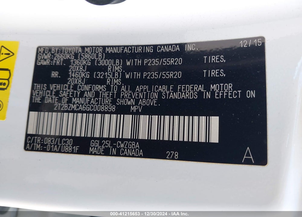 2016 LEXUS RX 350 F-SPORT VIN: 2T2BZMCA6GC008898