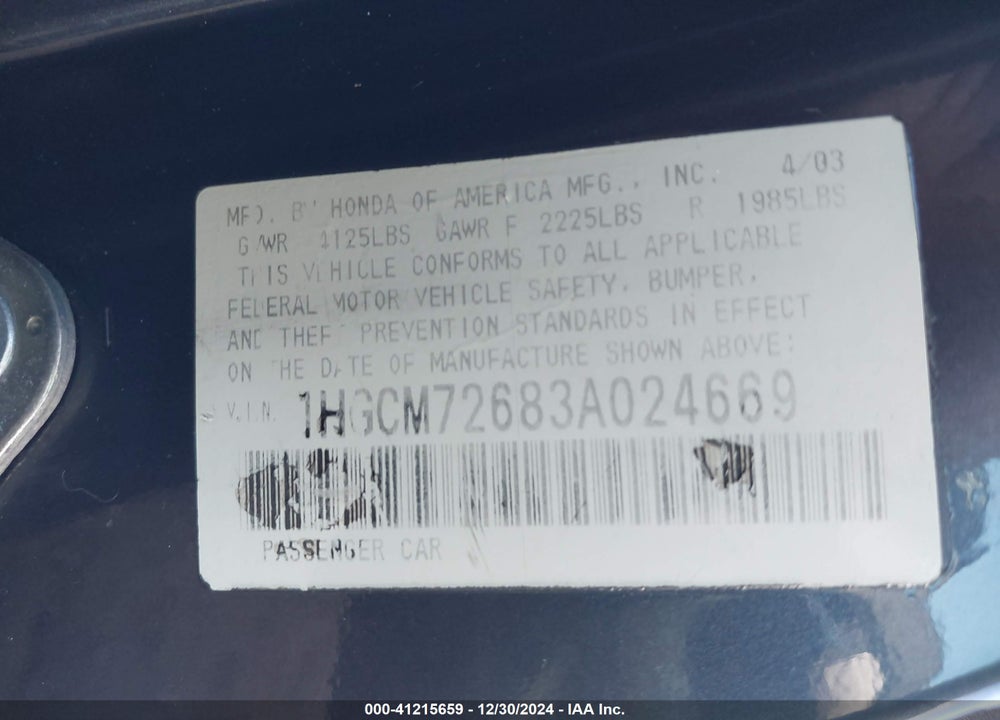 2003 HONDA ACCORD 2.4 EX VIN: 1HGCM72683A024669