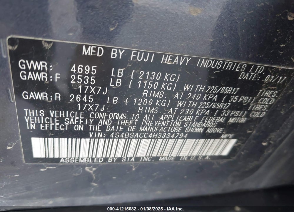 2017 SUBARU OUTBACK 2.5I PREMIUM VIN: 4S4BSACC4H3334794