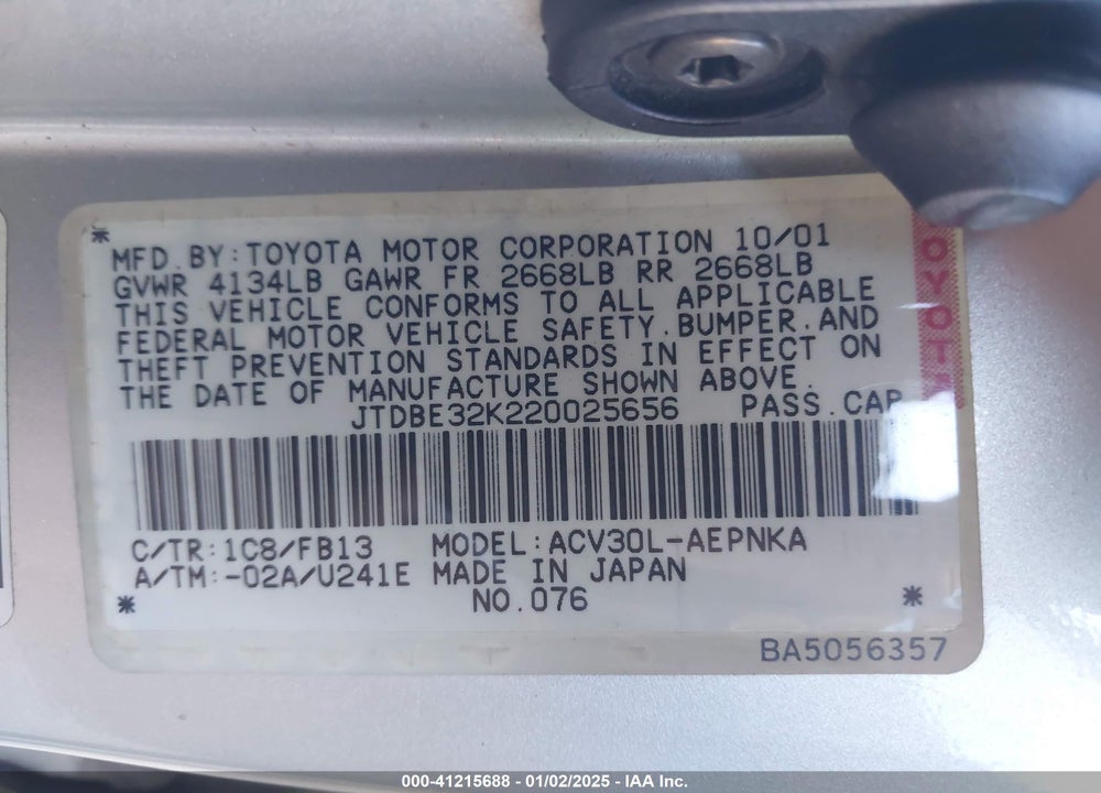 2002 TOYOTA CAMRY LE VIN: JTDBE32K220025656