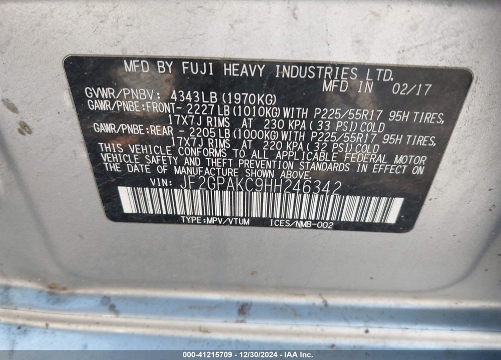 2017 SUBARU CROSSTREK 2.0I LIMITED VIN: JF2GPAKC9HH246342