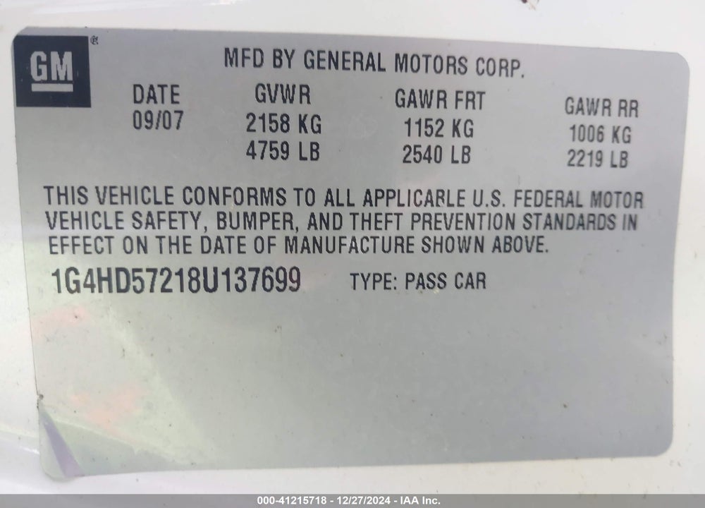 2008 BUICK LUCERNE CXL VIN: 1G4HD57218U137699
