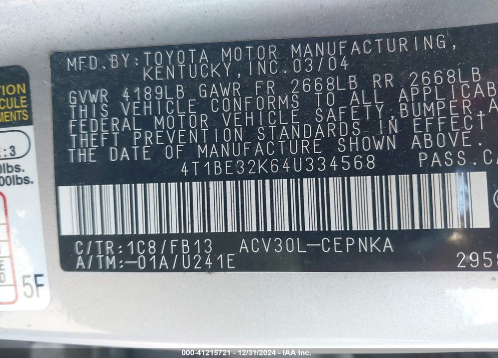 2004 TOYOTA CAMRY LE VIN: 4T1BE32K64U334568