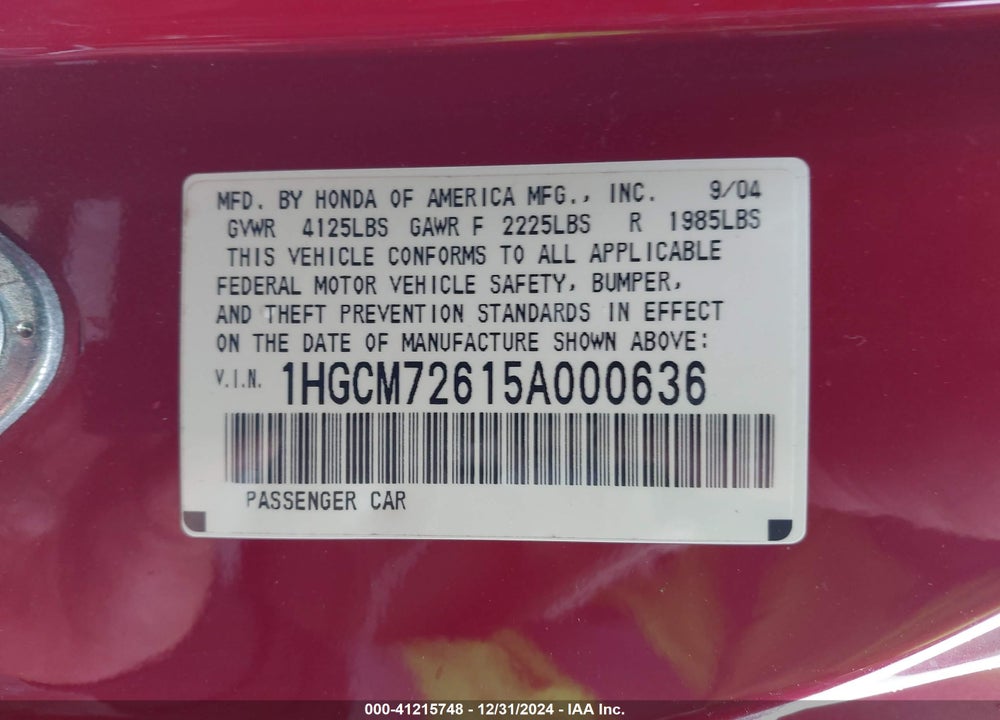 2005 HONDA ACCORD 2.4 EX VIN: 1HGCM72615A000636