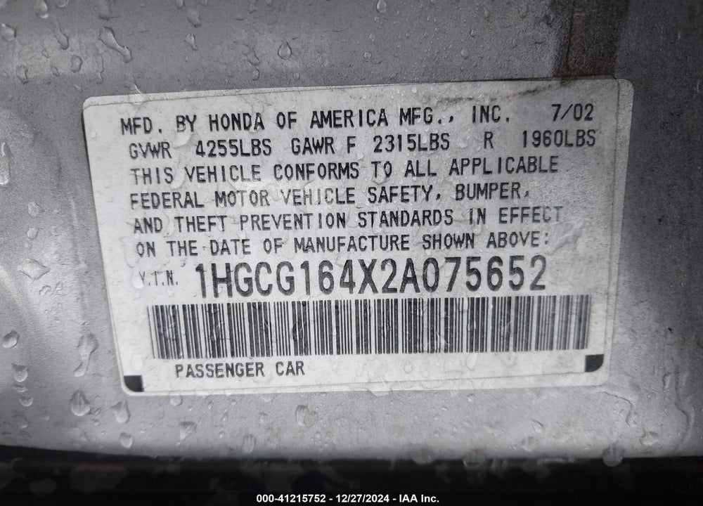 2002 HONDA ACCORD 3.0 LX VIN: 1HGCG164X2A075652