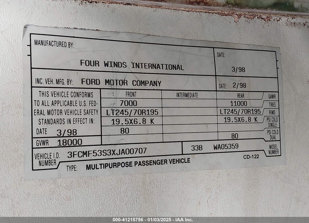 1999 FORD F550 SUPER DUTY STRIPPED CHASS VIN: 3FCMF53S3XJA00707
