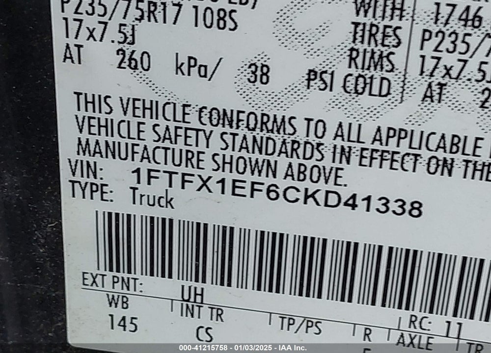 2012 FORD F-150 STX VIN: 1FTFX1EF6CKD41338