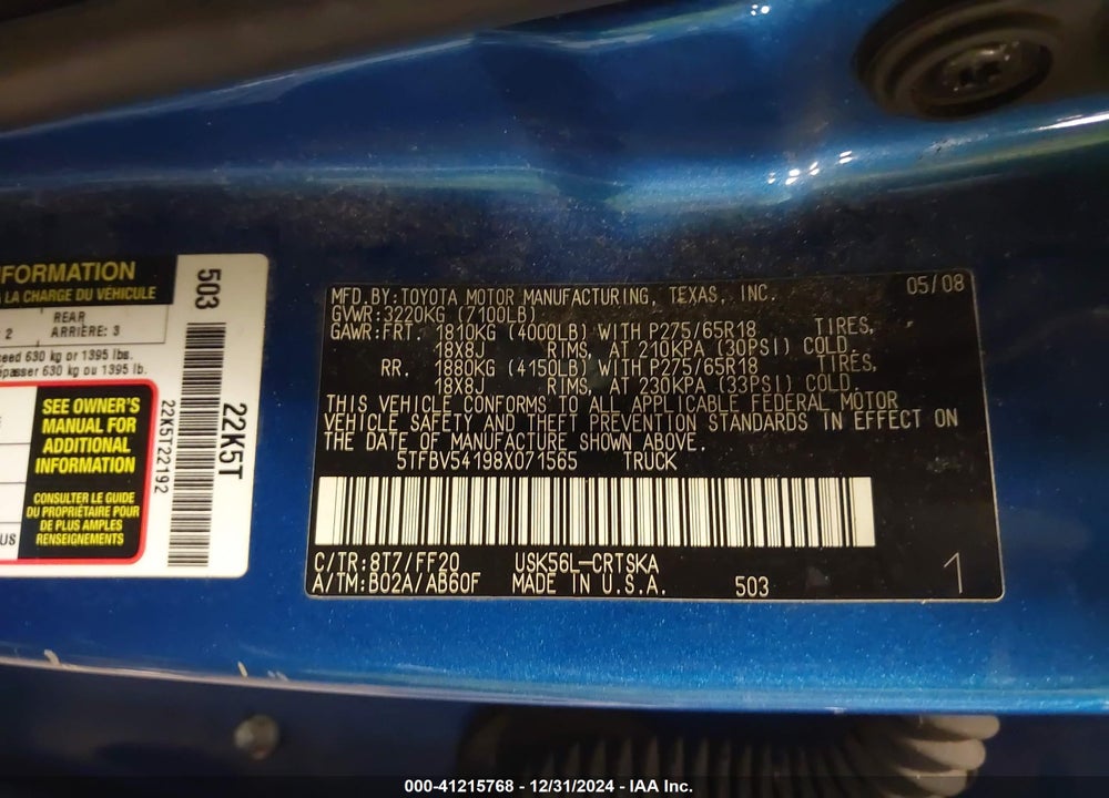 2008 TOYOTA TUNDRA SR5 5.7L V8 VIN: 5TFBV54198X071565