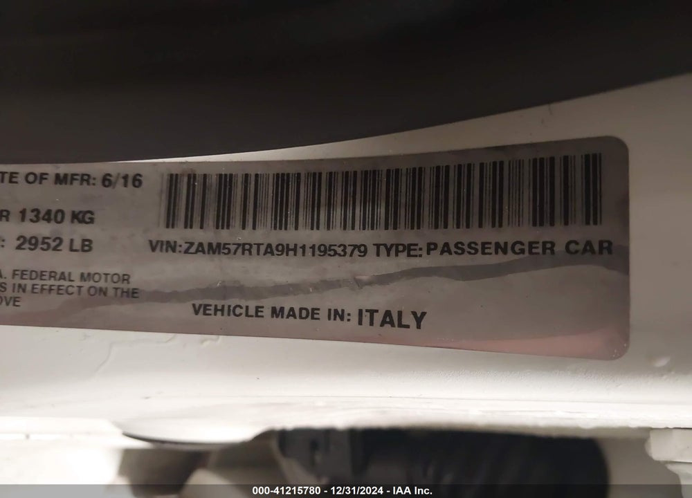 2017 MASERATI GHIBLI VIN: ZAM57RTA9H1195379