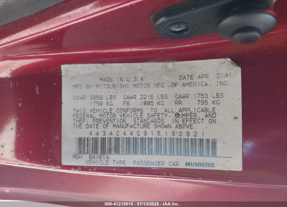2001 MITSUBISHI ECLIPSE GS VIN: 4A3AC44G91E192921