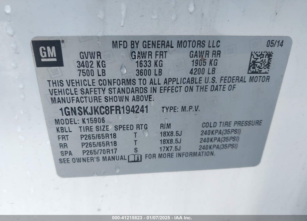 2015 CHEVROLET SUBURBAN 1500 LT VIN: 1GNSKJKC8FR194241