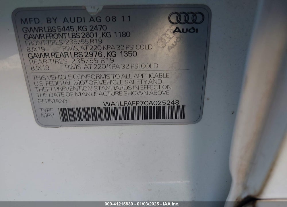 2012 AUDI Q5 2.0T PREMIUM VIN: WA1LFAFP7CA025248