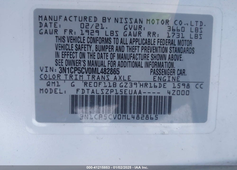 2021 NISSAN KICKS VIN: 3N1CP5CV0ML482865