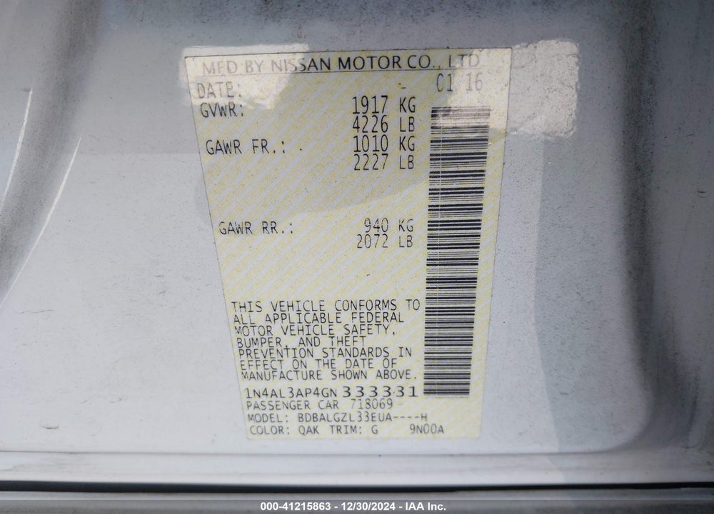 2016 NISSAN ALTIMA VIN: 1N4AL3AP4GN333331