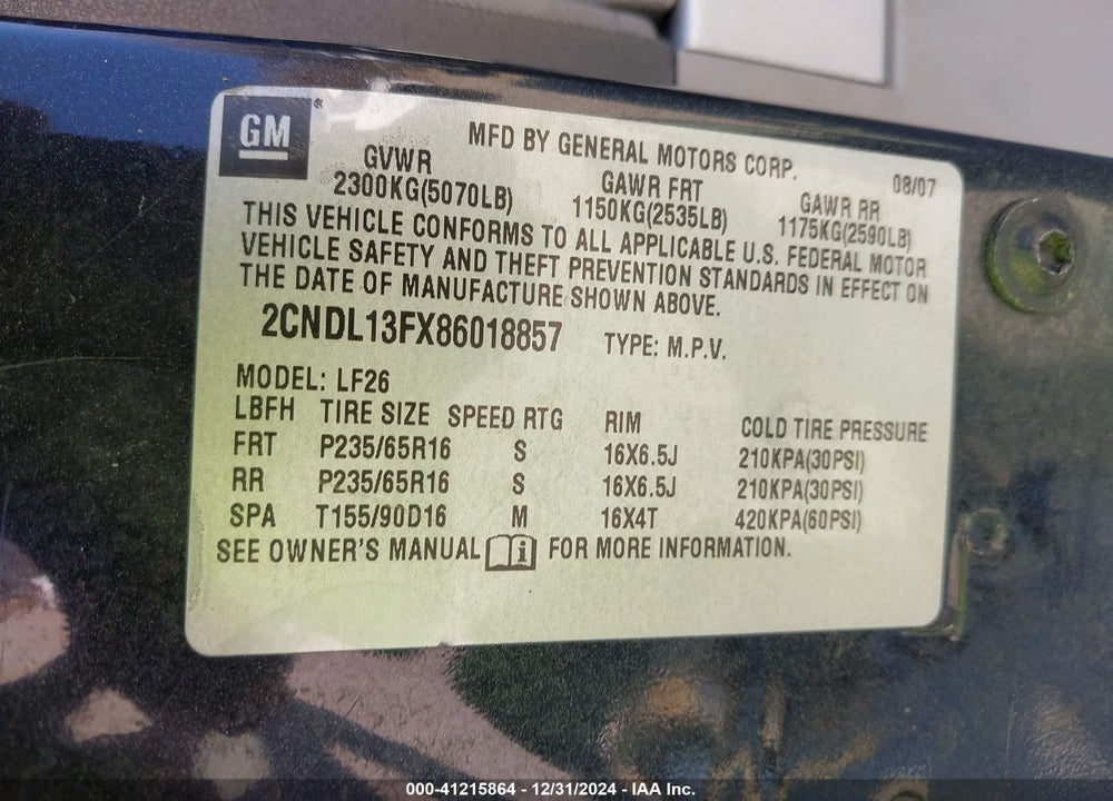 2008 CHEVROLET EQUINOX VIN: 2CNDL13FX86018857