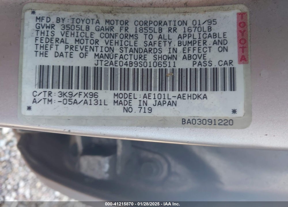 1995 TOYOTA COROLLA VIN: JT2AE04B9S0106511