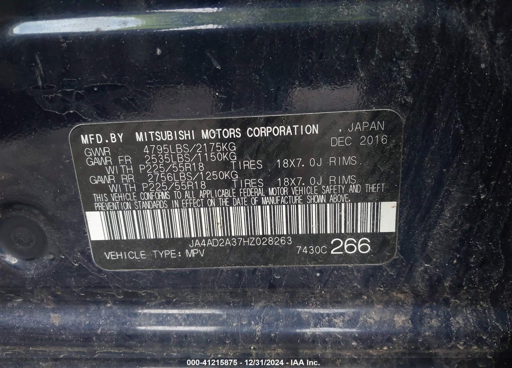 2017 MITSUBISHI OUTLANDER ES VIN: JA4AD2A37HZ028263