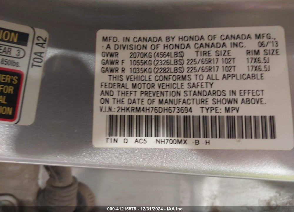 2013 HONDA CR-V EX-L VIN: 2HKRM4H76DH673694