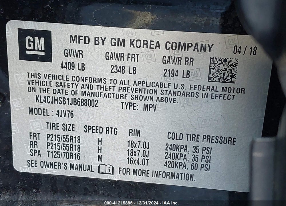 2018 BUICK ENCORE PREMIUM VIN: KL4CJHSB1JB688002