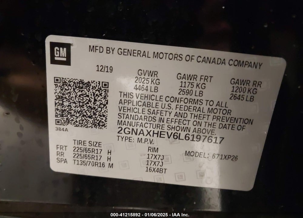 2020 CHEVROLET EQUINOX VIN: 2GNAXHEV6L6197617