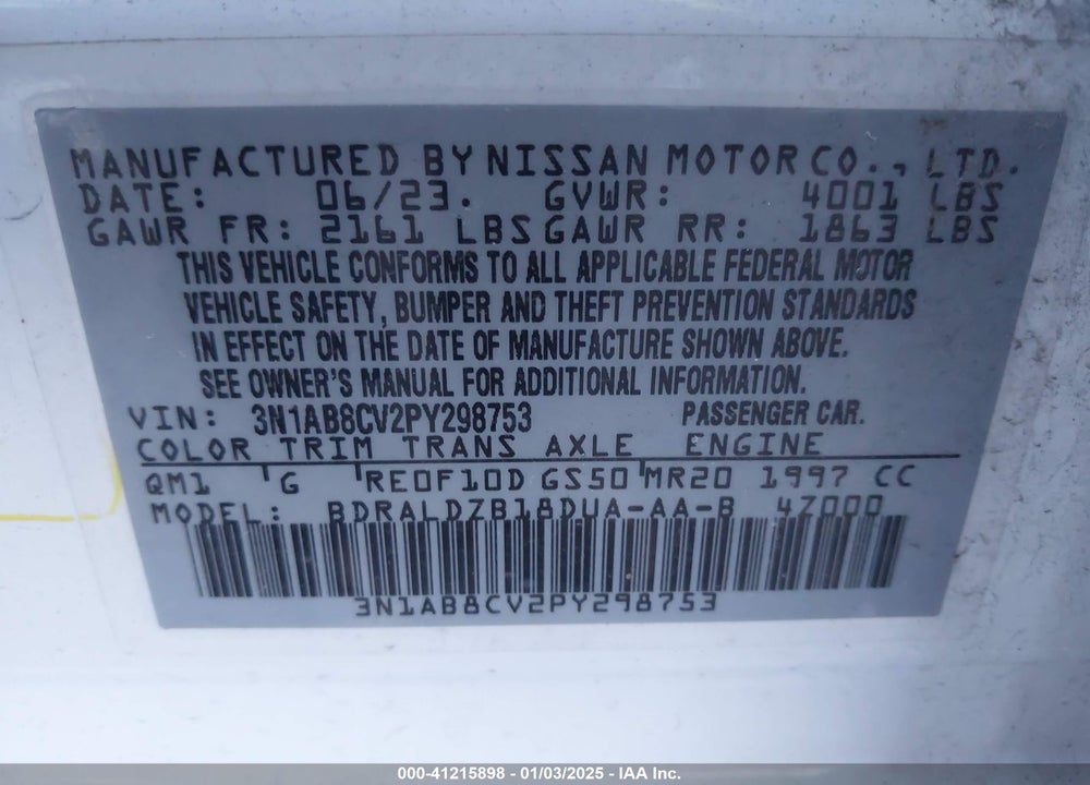 2023 NISSAN SENTRA SV XTRONIC CVT VIN: 3N1AB8CV2PY298753