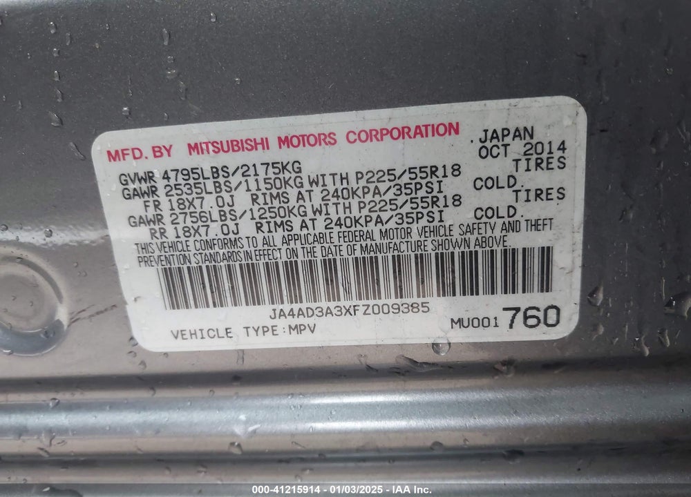 2015 MITSUBISHI OUTLANDER SE VIN: JA4AD3A3XFZ009385
