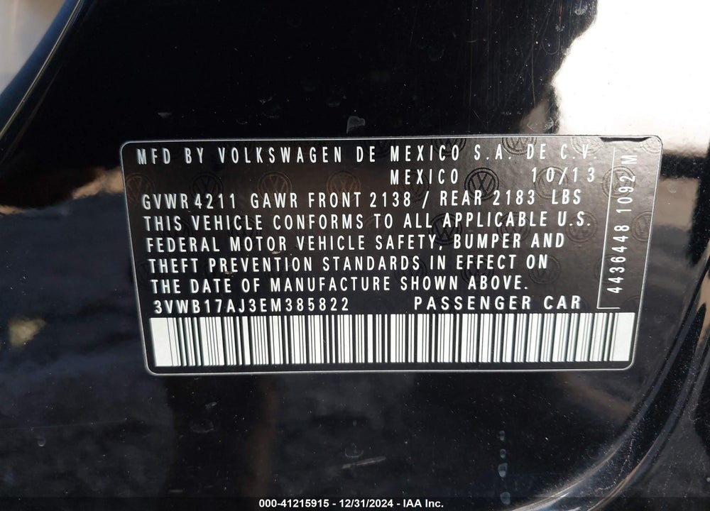 2014 VOLKSWAGEN JETTA VIN: 3VWB17AJ3EM385822
