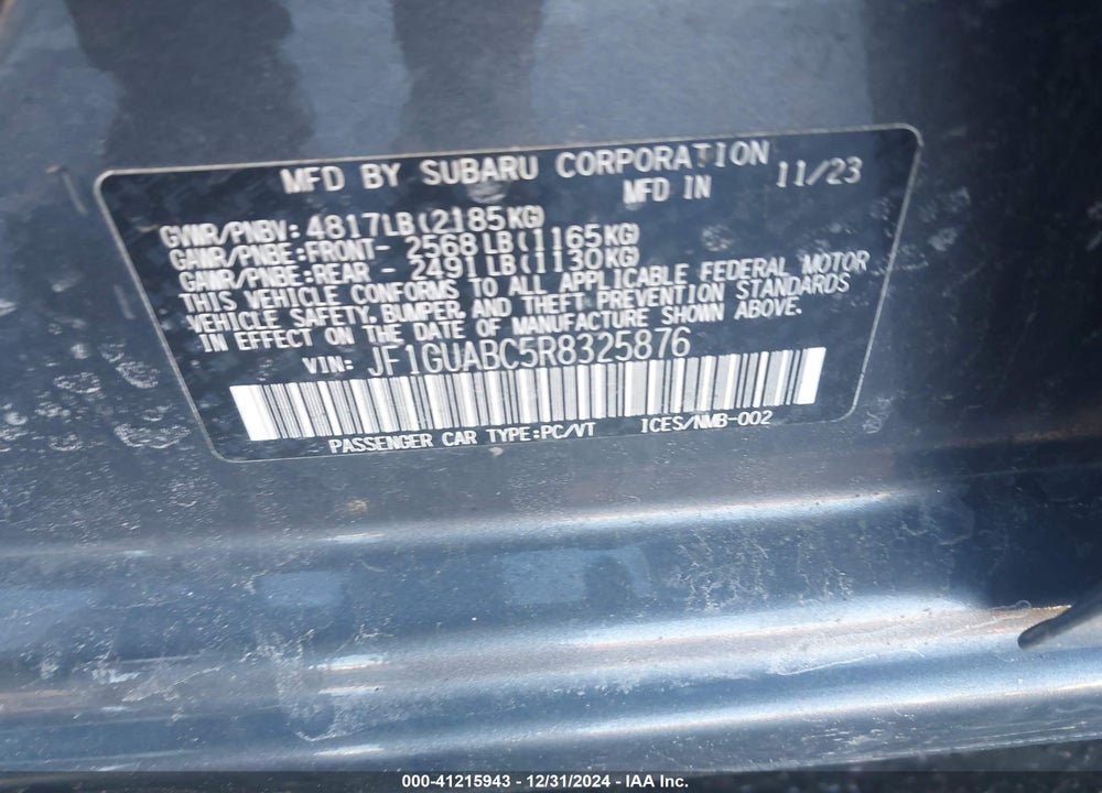 2024 SUBARU IMPREZA BASE 5-DOOR VIN: JF1GUABC5R8325876