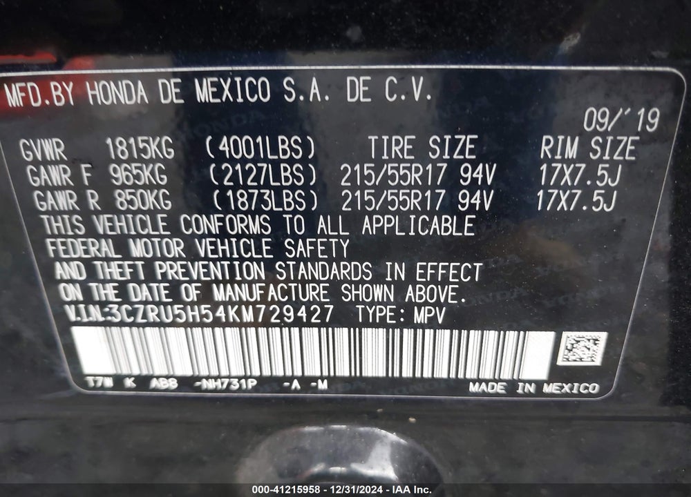 2019 HONDA HR-V EX VIN: 3CZRU5H54KM729427