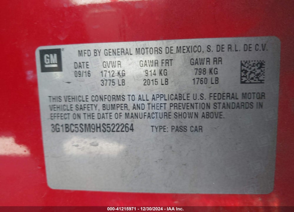 2017 CHEVROLET CRUZE LS AUTO VIN: 3G1BC5SM9HS522264